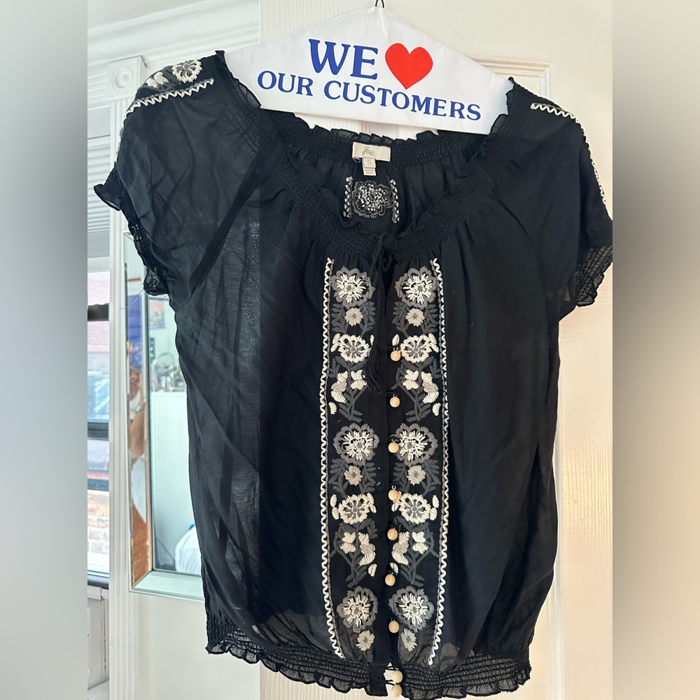 Joie Embroidered Peasant Blouse Boho Short Sleeved